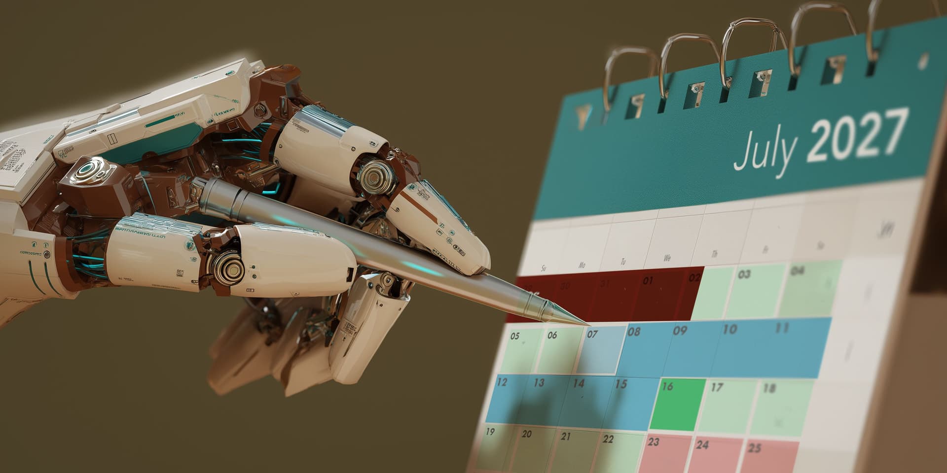Futuristic robot hand interacting with a digital calendar showing July 2027