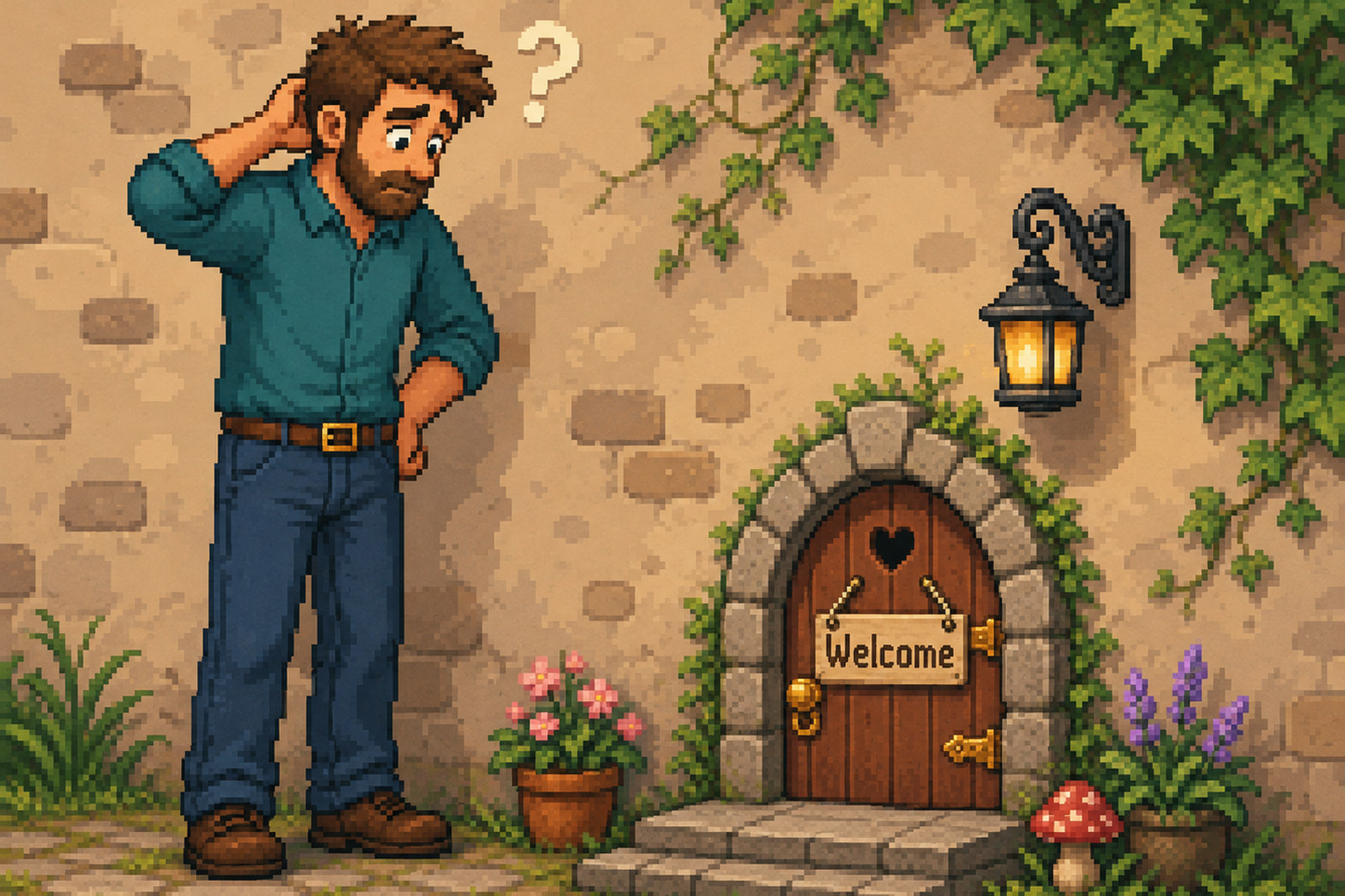 A man scratching his head at a tiny welcome door set into a stone wall