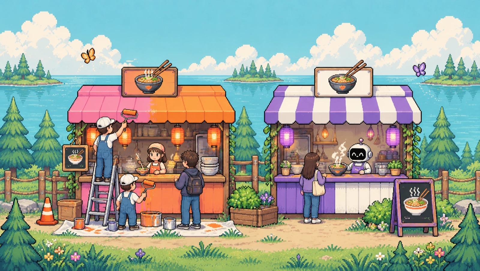 Two ramen stalls by a lake: workers repaint one orange while its cook serves, and a robot runs the other on its own