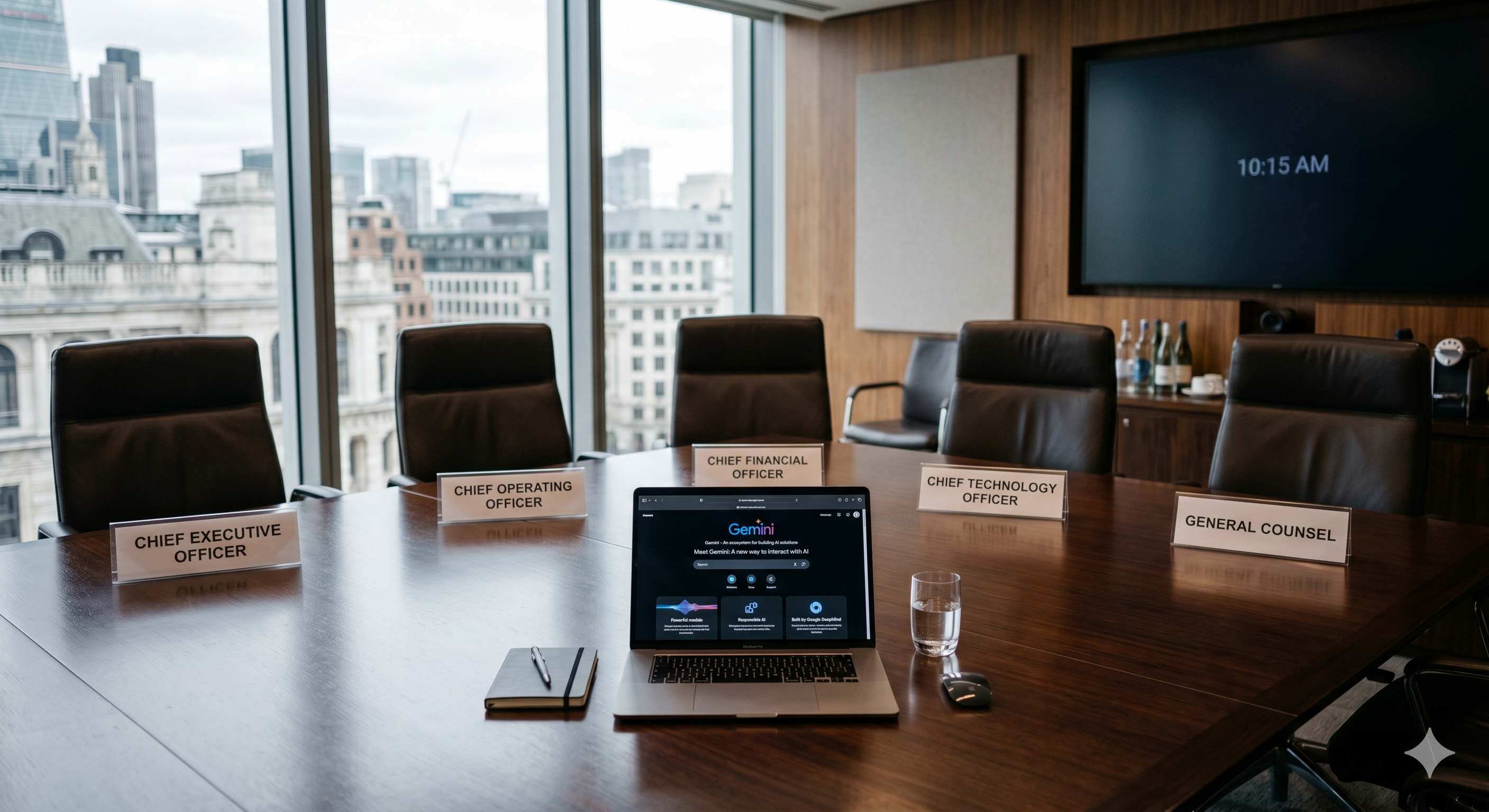Executive boardroom with nameplates for C-suite roles and a laptop displaying a product