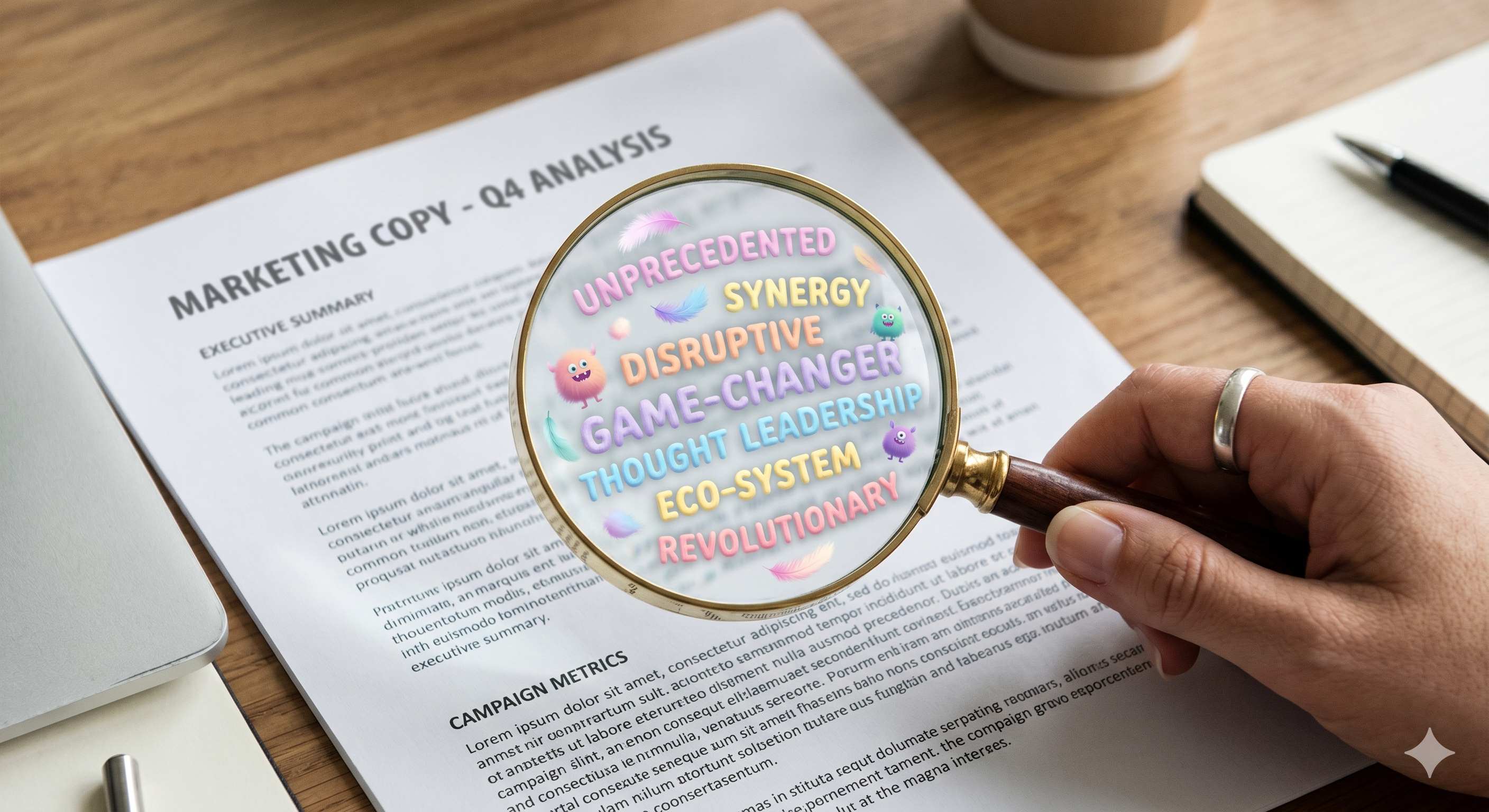 Magnifying glass over a marketing document revealing buzzwords like Synergy, Disruptive, and Game-Changer