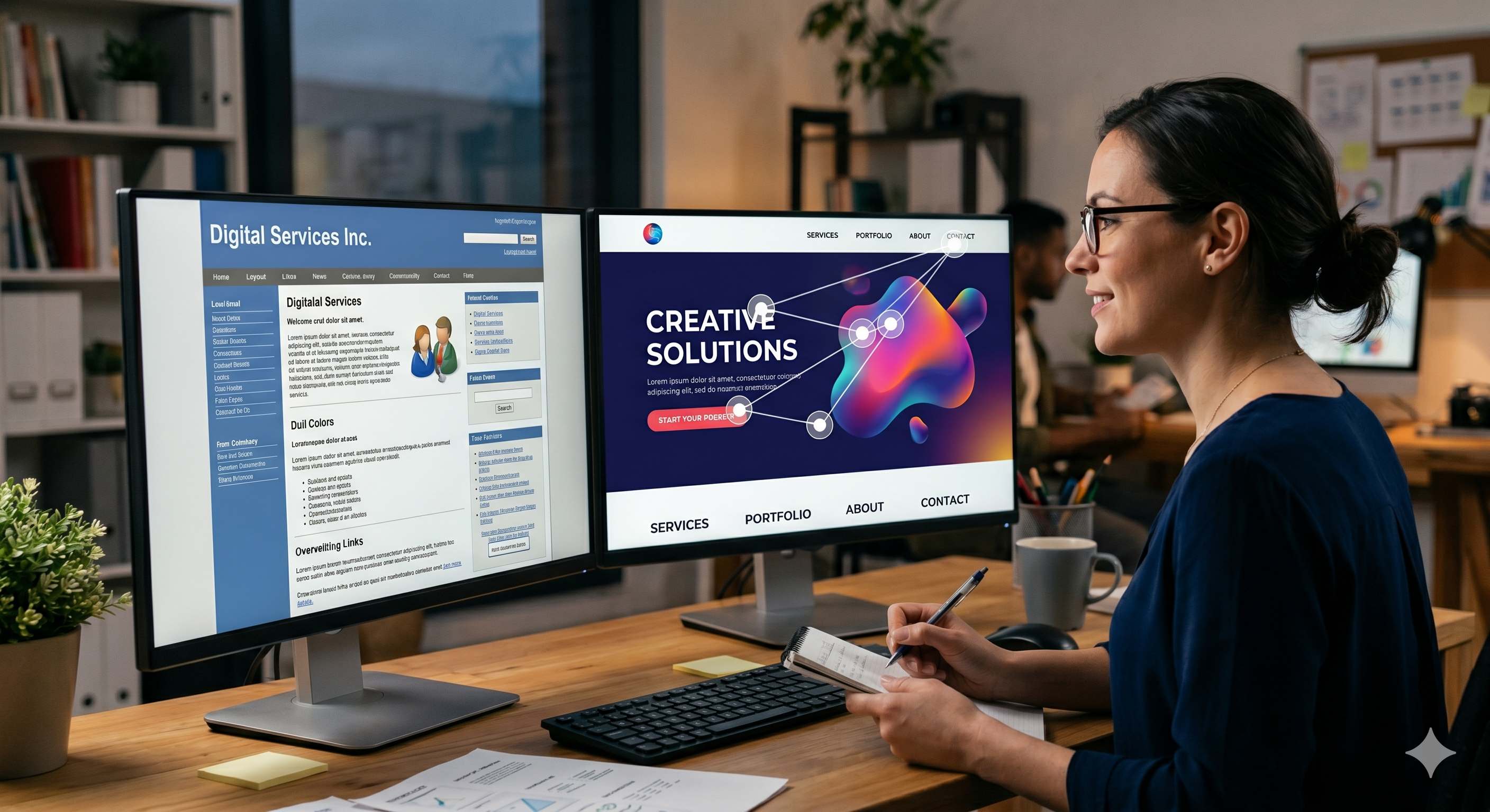 A designer comparing two websites side by side - an outdated cluttered design vs a modern clean one