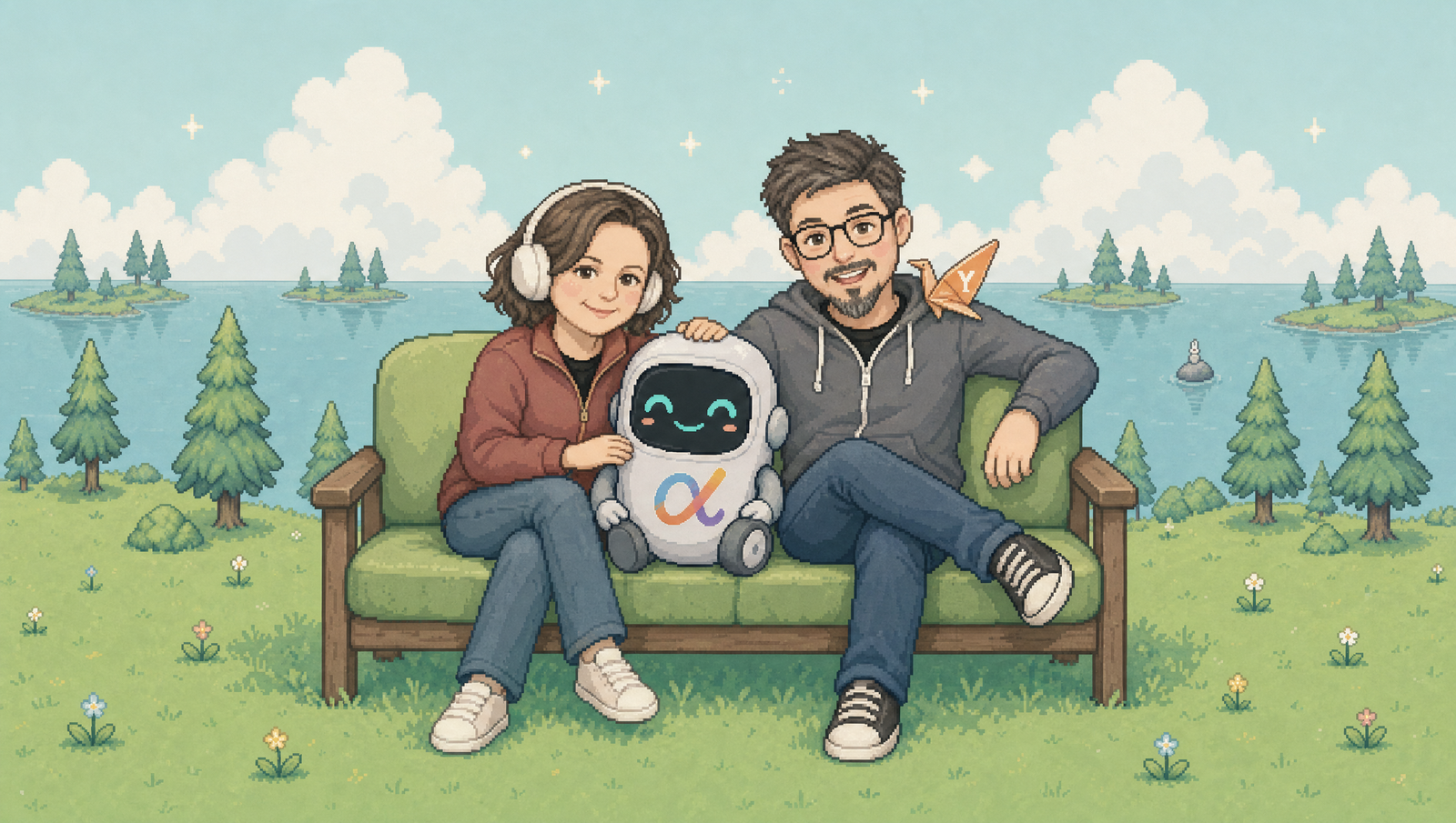 Olena Vozna and Yura Riphyak sitting with Alphie