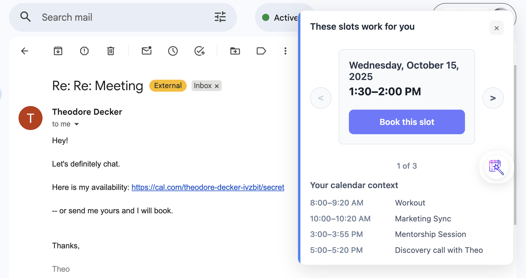 Alphie Smart Scheduling Interface showing availability processing in Gmail