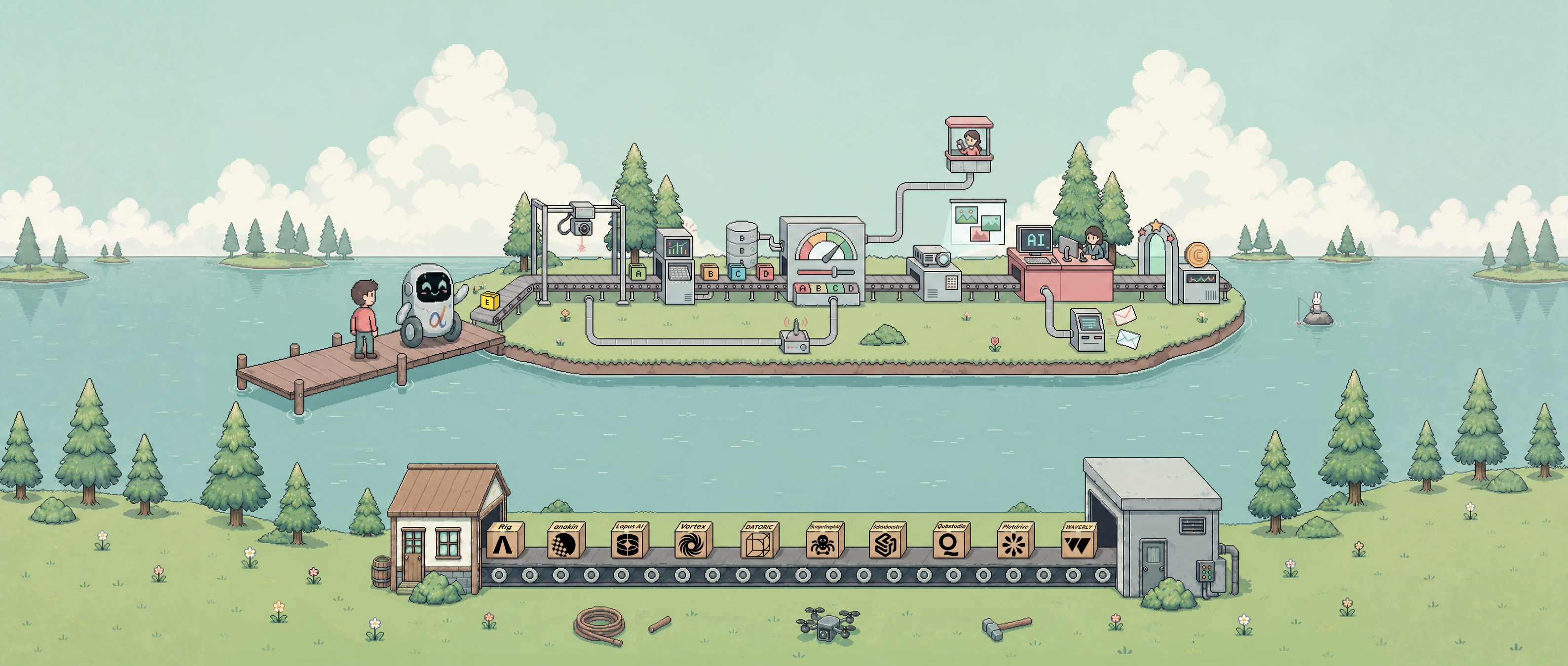 Alphie's cozy pixel-art world: a visitor arrives at a dock and is greeted by a friendly robot, then identified, enriched, scored against your ICP, shown personalized content, escalated to a human representative, and converted — with a conveyor of customer teams running below.